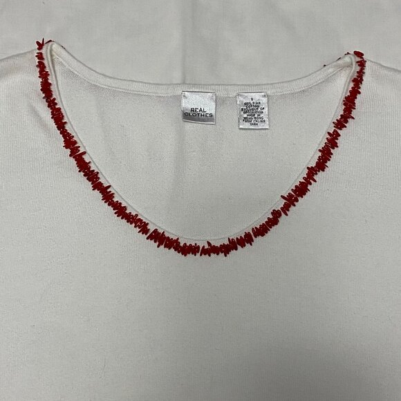 REAL CLOTHES Saks Fifth Ave White Pima Cotton Beaded Trim Top 90s Y2K S - Picture 5 of 15